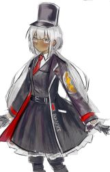 Rule 34 | 1girl, absurdres, belt, black gloves, bus driver(limbus company), charon (project moon), dark-skinned female, dark skin, formal, gloves, highres, jacket, limbus company, long sleeves, m i r r o r, necktie, project moon, red necktie, shirt, skirt, twintails, vest, white background, white hair, white shirt