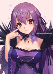 Rule 34 | 1girl, absurdres, asakou (n morninglight), bare shoulders, breasts, cleavage, detached collar, dress, fate/grand order, fate (series), feather trim, hair between eyes, highres, jewelry, large breasts, long hair, long sleeves, looking at viewer, pendant, purple dress, purple hair, red eyes, scathach (fate), scathach skadi (fate), smile, solo, tiara