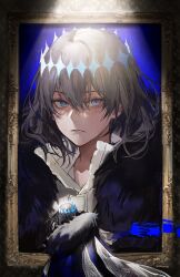 Rule 34 | 1boy, absurdres, black coat, black hair, blue eyes, closed mouth, coat, drawing (object), expressionless, fate/grand order, fate (series), fur-trimmed coat, fur trim, hair between eyes, highres, indoors, light, looking at viewer, male focus, medium hair, multiple views, nang z1, oberon (fate), oberon (third ascension) (fate), paint, portrait (object), shirt, solo, standing, upper body, white shirt