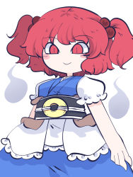 Rule 34 | 1girl, black sash, blue dress, blush stickers, brown sash, chahan (fried rice0614), closed mouth, coin, coin on string, dress, hair bobbles, hair ornament, highres, one-hour drawing challenge, onozuka komachi, puffy short sleeves, puffy sleeves, red eyes, red hair, sash, short hair, short sleeves, simple background, smile, solo, touhou, two side up, upper body, white background