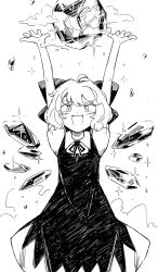 Rule 34 | 1girl, :d, ahoge, blush, bow, cirno, collared shirt, commentary request, dress, flat chest, frog, frozen, frozen frog, greyscale, hair bow, highres, ice, ice wings, long dress, looking at viewer, maguro (mawaru sushi), monochrome, neck ribbon, open mouth, pinafore dress, ribbon, shirt, short hair, sleeveless dress, smile, touhou, white background, white shirt, wings
