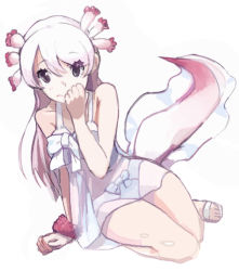 Rule 34 | 10s, 1girl, armband, gradient hair, grey eyes, hand on own face, kemono friends, long hair, mexico salamander (kemono friends), multicolored hair, ribbon, sandals, see-through, simple background, sitting, solo, tail, white background, white hair
