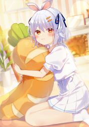 Rule 34 | 1girl, absurdres, animal ears, blue hair, blue ribbon, blurry, blurry background, blush, closed mouth, commentary request, depth of field, from side, hair ornament, hair ribbon, highres, hololive, hugging object, looking at viewer, looking to the side, multicolored hair, pleated skirt, puffy short sleeves, puffy sleeves, rabbit ears, rabbit hair ornament, red eyes, ribbon, shirt, short eyebrows, short sleeves, sitting, skirt, socks, sofra, solo, streaked hair, thick eyebrows, two side up, usada pekora, usada pekora (casual), virtual youtuber, wariza, white hair, white shirt, white skirt, white socks