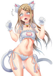 Rule 34 | 10s, 1girl, animal ears, bare shoulders, bell, blush, bra, breasts, cameltoe, cat cutout, cat ear panties, cat ears, cat lingerie, cat tail, choker, cleavage, cleavage cutout, clothing cutout, collarbone, contrapposto, cowboy shot, dagashi kashi, earrings, embarrassed, endou saya, eyebrows, fang, frilled bra, frills, full-face blush, gloves, gluteal fold, groin, hair ornament, hairclip, highres, jewelry, jingle bell, kemonomimi mode, looking at viewer, meme attire, navel, neck bell, open mouth, panties, side-tie panties, simple background, small breasts, solo, standing, sweat, tail, tako seijin, underwear, underwear only, white background, white bra, white gloves, white panties