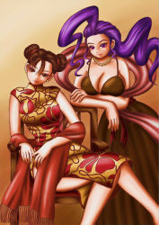 Rule 34 | 2girls, ahoge, alternate costume, breasts, brown hair, capcom, china dress, chinese clothes, chun-li, cleavage, double bun, dress, earrings, gown, jewelry, large breasts, leaning forward, long hair, multiple girls, necklace, pearl necklace, purple eyes, purple hair, r-type (integra1800), rose (street fighter), sash, short hair, side slit, sitting, street fighter