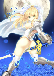Rule 34 | 1girl, ahoge, armor, artoria pendragon (all), artoria pendragon (fate), ass, blonde hair, bottomless, breasts, fate/stay night, fate/zero, fate (series), female masturbation, full moon, fusataka shikibu, gauntlets, greaves, green eyes, hair ribbon, long hair, looking at viewer, looking back, masturbation, moon, night, nipples, no panties, open mouth, ponytail, pussy, pussy juice, pussy juice trail, ribbon, saber (fate), solo, sword, thighhighs, uncensored, weapon, white thighhighs