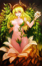 Rule 34 | 1girl, bad id, bad pixiv id, blonde hair, breasts, bright pupils, brown background, cleavage, collarbone, cowboy shot, flower, gluteal fold, green hair, hair between eyes, highres, holding, holding flower, horns, large breasts, leaf, long hair, looking at viewer, moeoh ex, mouth hold, multicolored hair, nude, orange eyes, solo, standing, streaked hair, thigh gap, very long hair, zhuore zhi hen