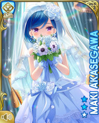 Rule 34 | 1girl, :o, akasegawa maki, blue hair, card, character name, covered mouth, curtains, day, dress, earrings, flower, flower bouquet, girlfriend (kari), indoors, jewelry, looking at viewer, official art, open mouth, purple eyes, qp:flapper, rose, short hair, solo, standing, tagme, wedding dress, white dress