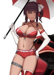 Rule 34 | 1girl, :d, bad id, bad pixiv id, bare shoulders, belt, black panties, blush, breasts, cero (last2stage), cleavage, dark-skinned female, dark skin, elbow gloves, girls&#039; frontline, gloves, hair between eyes, hand on own hip, highleg, highleg panties, highres, large breasts, looking at viewer, midriff, navel, official alternate costume, open mouth, panties, purple hair, race queen, red thighhighs, saiga-12 (crimson navigator) (girls&#039; frontline), saiga-12 (girls&#039; frontline), short shorts, shorts, side ponytail, simple background, smile, solo, thigh strap, thighhighs, umbrella, underwear, white background, white gloves, white thighhighs, yellow eyes