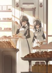 Rule 34 | 2girls, apron, black dress, black hair, blurry, blurry foreground, bread, brown eyes, cake, cake slice, closed mouth, commentary request, depth of field, dress, food, frilled apron, frills, fruit, highres, holding, holding tray, indoors, long hair, long sleeves, maid, maid apron, maid headdress, multiple girls, one eye closed, open mouth, original, puffy long sleeves, puffy sleeves, sandwich, shii (kairi-t-k0317), standing, strawberry, sweat, tongs, tray, very long hair, white apron