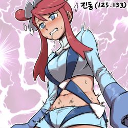 1girl, bangs, blue shorts, breasts, clenched teeth, commentary request, creatures (company), crop top, drooling, electricity, eyelashes, game freak, gloves, grey eyes, grey gloves, gym leader, hair ornament, navel, nintendo, number, nutkingcall, pokemon, pokemon (game), pokemon bw, red hair, short hair with long locks, short shorts, shorts, sidelocks, skyla (pokemon), solo, sweat, swept bangs, teeth