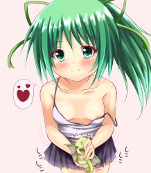 Rule 34 | 1girl, ^^^, absurdres, andrew (duel angel), areola slip, bare shoulders, blush, breasts, collarbone, dragon, duel monster, green eyes, green hair, hair ornament, heart, highres, long hair, looking at viewer, matching hair/eyes, nipples, petit dragon, ponytail, ribbon, skirt, small breasts, smile, solo, speech bubble, strap slip, wynn the wind charmer, yu-gi-oh!