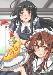 Rule 34 | 2girls, ahoge, alternate costume, apron, black dress, black hair, blunt bangs, brown eyes, brown hair, commentary request, dress, enmaided, food, frilled apron, frills, high ponytail, highres, kantai collection, ketchup, looking at viewer, maid, maid headdress, multiple girls, omelet, omurice, plate, shouhou (kancolle), sosorin, upper body, zuihou (kancolle)