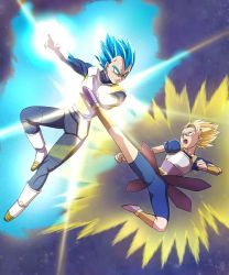 Rule 34 | 10s, 2boys, armor, aura, blocking, blonde hair, blue eyes, blue hair, boots, cabba, dragon ball, dragon ball super, fighting, full body, fuoore (fore0042), gloves, glowing, green eyes, highres, kicking, kyabe, male focus, multiple boys, open mouth, spiked hair, super saiyan, super saiyan 1, super saiyan blue, vambraces, vegeta, white footwear, white gloves