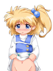 Rule 34 | 1girl, bad id, bad pixiv id, blonde hair, blue eyes, blush, clothes lift, groin, hair bobbles, hair ornament, looking at viewer, navel, no panties, out-of-frame censoring, presia zenoskis, simple background, skirt, skirt lift, solo, stomach, super robot wars, tears, white background, zipang (zip@ng works)