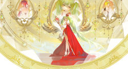 Rule 34 | 1girl, absurdres, acr (dash), backless dress, backless outfit, bare back, bare shoulders, beads, blonde hair, bow, cape, chinese commentary, commentary, covering own mouth, crown, dress, earrings, eyelashes, finger to mouth, gem, green eyes, green gemstone, green hair, greyscale, hair bow, hair over shoulder, hairband, hand over own mouth, hand up, hatsune miku, head tilt, high heels, highres, jewelry, kagamine rin, long hair, long sleeves, looking at viewer, looking to the side, megurine luka, monochrome, music, off shoulder, outstretched arm, photo (object), picture frame, pink hair, puffy long sleeves, puffy sleeves, red cape, singing, solo, stairs, standing, swept bangs, thighhighs, twintails, very long hair, vocaloid, white bow, white dress, white thighhighs, wide shot, zettai ryouiki