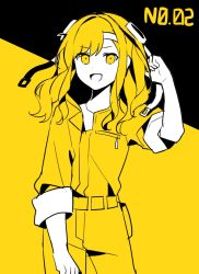 Rule 34 | 1girl, :d, adjusting hood, blonde hair, cosplay, cowboy shot, flat color, goggles, goggles on head, headband, hood, hood up, jumpsuit, kagerou project, long hair, long sleeves, looking at viewer, numbered, open mouth, project sekai, seto kousuke, seto kousuke (cosplay), smile, solo, tenma saki, twintails, waka (wk4444), white headband, yellow background, yellow eyes, yellow jumpsuit, yellow theme