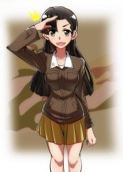 Rule 34 | 10s, 1girl, :d, arm at side, asymmetrical bangs, black hair, border, breasts, brown eyes, brown hair, camouflage background, chi-hatan military uniform, girls und panzer, large breasts, long hair, looking at viewer, neshia (tsaqif0309), nishi kinuyo, open mouth, salute, skirt, smile, solo, standing, uniform, white border, yellow skirt