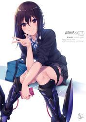 Rule 34 | armored boots, arms note, bag, bionic joshikousei (fukai ryousuke), black cardigan, black hair, black skirt, blue ribbon, blush, boots, cardigan, cellphone, closed mouth, collared shirt, commentary request, copyright name, duffel bag, english text, feet out of frame, fukai ryosuke, hair between eyes, hand up, holding, holding phone, knee boots, knees together feet apart, leaning forward, long hair, looking at viewer, miniskirt, neck ribbon, original, phone, red eyes, ribbon, school uniform, shirt, signature, simple background, sitting, skirt, sleeves pushed up, smartphone, smile, solo, thigh strap, v, white background, white shirt