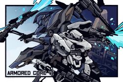 Rule 34 | armored core, armored core 6, blue background, copyright name, cowboy shot, energy sword, fighting stance, gun, highres, holding, holding gun, holding weapon, kuroihato, loader 4, mecha, mecha focus, no humans, reverse-jointed legs, rifle, robot, science fiction, spacecraft, standing, steel haze, sword, twitter username, weapon, weapon on back