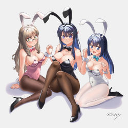 Rule 34 | 3girls, :d, absurdres, alternate costume, animal ears, arm at side, bare shoulders, black bow, black bowtie, black footwear, black leotard, blonde hair, blue eyes, blunt bangs, bow, bowtie, breasts, brown hair, brown pantyhose, cleavage, closed mouth, collarbone, commentary, covered erect nipples, curled fingers, detached collar, dot mouth, dot nose, unworn eyewear, fake animal ears, fingernails, full body, futaba rio, glasses, green bow, green bowtie, hair ornament, hair over shoulder, hairclip, high heels, highleg, highleg leotard, highres, holding hands, kohikun, large breasts, leotard, long bangs, long hair, looking at viewer, makinohara shouko, medium breasts, multiple girls, nail polish, open mouth, pantyhose, parted bangs, pink bow, pink bowtie, pink leotard, pink nails, playboy bunny, purple eyes, rabbit hair ornament, sakurajima mai, seishun buta yarou, seiza, shadow, signature, simple background, sitting, smile, split mouth, strapless, strapless leotard, wariza, white background, white leotard, white pantyhose, wrist cuffs, yellow eyes
