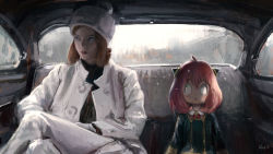 Rule 34 | 2girls, anya (spy x family), anya taylor-joy, black dress, blue eyes, blush, brown hair, car interior, child, closed mouth, coat, commentary, crossover, dress, eden academy school uniform, elizabeth harmon, elvafirst, english commentary, hairpods, highres, looking afar, looking at another, looking to the side, multiple girls, name connection, open mouth, pink hair, school uniform, short hair, sitting, spy x family, the queen&#039;s gambit, upper body, white coat