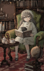 Rule 34 | 1girl, armchair, book, book stack, bookshelf, candle, candlestand, cat, chair, chandelier, child, creamer (vessel), cup, dress, expressionless, full body, globe, grey eyes, grey hair, hat, highres, holding, holding book, indoors, long hair, mary janes, mob cap, original, shoes, sitting, socks, solo, sparkle, table, tea set, teacup, teapot, tomoja rs, white dress, white hat, white socks