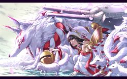 Rule 34 | 1girl, afloat, animal ears, azur lane, bell, black hair, blunt bangs, commentary request, detached sleeves, dress, eyes visible through hair, fox, fox ears, from side, hair ornament, highres, hinasaki you, japanese clothes, kimono, kitsune, kneeling, kyuubi, long hair, looking away, machinery, multiple tails, nagato (azur lane), nagato (great fox&#039;s white gown) (azur lane), ocean, open mouth, petals, ribbon-trimmed sleeves, ribbon trim, sidelocks, tail, tsunokakushi, turret, uchikake, wedding dress, wide sleeves, wind, yellow eyes