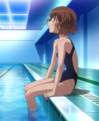 Rule 34 | 1girl, bare arms, bare legs, bare shoulders, blush, brown eyes, brown hair, closed mouth, competition swimsuit, highres, ikoma minami, indoors, kami nomi zo shiru sekai, lane line, one-piece swimsuit, pool, poolside, profile, screencap, short hair, sitting, solo, swimsuit, water, wavy hair, wet, wet hair, window
