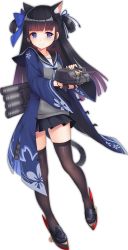 Rule 34 | 1girl, 3:, allenes, animal ears, azur lane, bell, black footwear, black hair, black sailor collar, black skirt, black thighhighs, blouse, blue bow, blue eyes, blue neckerchief, blue ribbon, blunt bangs, blush, bow, breasts, cat ears, cat girl, cat tail, closed mouth, collarbone, dot nose, eyebrows, eyelashes, facing away, floral print, full body, grey shirt, hair bow, hair ribbon, hatsuharu (azur lane), jingle bell, loafers, long hair, long sleeves, machinery, miniskirt, neckerchief, official art, pleated skirt, ribbon, rudder footwear, sailor collar, school uniform, serafuku, shawl, shirt, shoes, sidelocks, skirt, small breasts, solo, straight hair, tail, tareme, thighhighs, transparent background, turret, two side up, wide sleeves, wristband