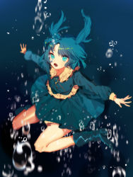 Rule 34 | 1girl, bad id, bad pixiv id, blue eyes, blue hair, boots, bubble, highres, kawashiro nitori, long sleeves, matching hair/eyes, no headwear, no headwear, open mouth, outstretched arms, shirt, skirt, solo, tian (my dear), touhou, twintails, two side up, underwater