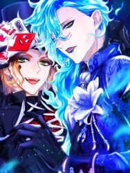 Rule 34 | 2boys, abstract background, black eyeshadow, black gloves, black jacket, blue background, blue eyeshadow, blue hair, blue jacket, blue lips, cater diamond, cellphone, cellphone charm, charm (object), commentary request, diamond facial mark, eyeshadow, facial mark, fiery hair, flower, gloves, green eyes, highres, holding, holding phone, idia shroud, jacket, lily (flower), lipstick, long hair, makeup, male focus, multiple boys, okurabaakaa, open mouth, orange hair, phone, short hair, signature, taking picture, teeth, twisted wonderland, twitter username, upper body, upper teeth only, white flower, yellow eyes