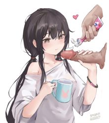 Rule 34 | 1boy, 1girl, artist name, black hair, blush, closed mouth, cup, dated, disembodied limb, disembodied penis, erection, heart, heart-shaped pupils, hetero, highres, holding, holding cup, looking at penis, low twintails, mug, original, penis, penis addicted, penis grab, sawkm, shirt, sidelocks, simple background, single bare shoulder, symbol-shaped pupils, toothpaste, twintails, uncensored, white background, white shirt