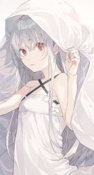 Rule 34 | 1girl, bare arms, bare shoulders, criss-cross halter, dress, eyebrows hidden by hair, flower, grey background, grey hair, hair between eyes, halterneck, hand up, highres, long hair, looking at viewer, original, parted lips, petals, red eyes, simple background, solo, tsukugu, veil, very long hair, white dress, white flower