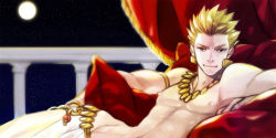 Rule 34 | 107, 1boy, blonde hair, earrings, fate/stay night, fate/zero, fate (series), full moon, gilgamesh (fate), hair slicked back, jewelry, loincloth, male focus, moon, necklace, reclining, red eyes, topless male, solo
