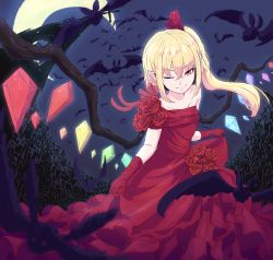 Rule 34 | 1girl, alternate costume, bare shoulders, bat (animal), blonde hair, crescent moon, crystal, curtsey, dress, elbow gloves, flandre scarlet, flower, gloves, hair ribbon, hakuro109, highres, looking at viewer, moon, night, night sky, off-shoulder dress, off shoulder, one eye closed, pointy ears, red dress, red eyes, red gloves, ribbon, rose, side ponytail, skirt hold, sky, smirk, solo, touhou, wings