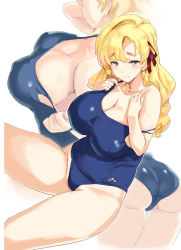 Rule 34 | 1girl, ass, blonde hair, blue one-piece swimsuit, blush, breasts, cleavage, closed mouth, collarbone, green eyes, hair ribbon, highres, kiyama satoshi, large breasts, long hair, looking at viewer, multiple views, one-piece swimsuit, original, plump, ribbon, school swimsuit, sitting, swimsuit, wavy hair