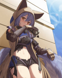 Rule 34 | 1girl, animal hood, arknights, black shirt, black shorts, blonde hair, blush, brown coat, brown gloves, coat, commentary request, gloves, groin, hair between eyes, highres, hood, hood up, large tail, lens flare, light beam, long sleeves, looking at viewer, midriff, navel, official alternate costume, open clothes, open coat, open mouth, outdoors, provence (arknights), provence (wasteland walker) (arknights), purple hair, shironekoban, shirt, short shorts, shorts, solo, sweat, tail, thighs, torn clothes, torn shirt, wolf girl, wolf tail