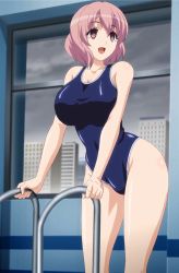 Rule 34 | 1girl, absurdres, breasts, cleavage, covered navel, curvy, gakuen de jikan yo tomare, highres, hypnosis, large breasts, long hair, mind control, one-piece swimsuit, open mouth, pink eyes, pink hair, school swimsuit, screencap, shiny skin, short hair, smile, solo, standing, swimsuit, window