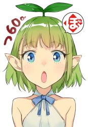 Rule 34 | 1girl, :o, bare shoulders, blue bow, blue bowtie, blue eyes, bow, bowtie, commentary request, dress, flat chest, green eyes, green hair, highres, leaf, leaf on head, looking at viewer, nonco, open mouth, original, short hair, simple background, solo, upper body, white background, white dress