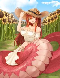 Rule 34 | 1girl, :d, bare shoulders, breasts, cleavage, commission, day, dress, field, flower, flower field, hair between eyes, hand on headwear, hand on own hip, hat, unworn hat, unworn headwear, highres, jewelry, lamia, large breasts, long hair, miia (monster musume), monster girl, monster musume no iru nichijou, open mouth, outdoors, pointy ears, puffy short sleeves, puffy sleeves, red hair, ring, scales, short sleeves, sitting, slit pupils, smile, solo, sookmo, sundress, sunflower, sunflower field, wedding band, white dress, yellow eyes