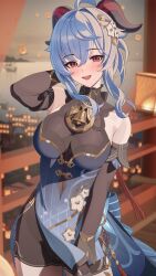 Rule 34 | 1girl, absurdres, ahoge, architecture, balcony, bell, black gloves, blue dress, blue hair, blurry, blurry background, blush, bodystocking, breasts, commentary, covered navel, cowboy shot, detached sleeves, dress, east asian architecture, flower, flower knot, ganyu (genshin impact), ganyu (twilight blossom) (genshin impact), genshin impact, gloves, goat horns, gold trim, hair between eyes, hair flower, hair ornament, hand in own hair, highres, horns, jumonji, lantern, lantern festival, light blue hair, looking at viewer, medium breasts, medium hair, neck bell, ocean, official alternate costume, open mouth, paid reward available, red eyes, ship, side slit, sidelocks, sky lantern, smile, solo, standing, tassel, watercraft