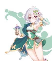 Rule 34 | 1girl, :x, antenna hair, arm up, bare shoulders, bell (angelicalary), blue sleeves, breasts, bubble tea, closed mouth, cup, detached sleeves, disposable cup, dress, drinking straw, flower, hair between eyes, hair flower, hair ornament, highres, holding, holding cup, kokkoro (princess connect!), long sleeves, princess connect!, puffy long sleeves, puffy sleeves, purple eyes, see-through, see-through sleeves, silver hair, sleeveless, sleeveless dress, small breasts, solo, white background, white dress, white flower