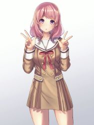 Rule 34 | 10s, 1girl, bang dream!, blush, buttons, chestnut mouth, cowboy shot, double-breasted, dress, gradient background, grey background, hanasakigawa school uniform, highres, long sleeves, looking at viewer, maruyama aya, medium hair, neck ribbon, open mouth, pink eyes, pink hair, pleated dress, red ribbon, ribbon, sailor collar, sailor dress, school uniform, simple background, sleeve cuffs, solo, standing, tagme, v