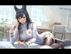 Rule 34 | 1girl, :d, animal ears, artist name, atago (azur lane), azur lane, black hair, breasts, brown eyes, brown thighhighs, buttons, chair, cuboon, curtains, extra ears, garter straps, hand up, indoors, jacket, large breasts, long hair, long sleeves, looking at viewer, lying, military, military uniform, miniskirt, mole, mole under eye, no shoes, on bed, open mouth, plant, potted plant, skirt, smile, solo, table, thighhighs, uniform, white jacket, white skirt, window