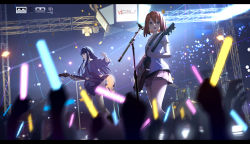 Rule 34 | 2girls, 6+others, absurdres, akiyama mio, alisi, bad id, bad pixiv id, bass guitar, black hair, brown eyes, brown hair, commentary, concert, electric guitar, glowstick, guitar, highres, hirasawa yui, holding, holding instrument, instrument, k-on!, letterboxed, long hair, microphone, multiple girls, multiple others, pink skirt, shirt, short hair, short sleeves, skirt, sleeves rolled up, stage, white shirt