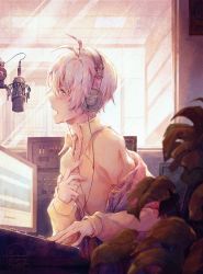 Rule 34 | 1boy, absurdres, ahoge, bishounen, collared shirt, crying, crying with eyes open, from side, headphones, highres, idolish7, male focus, music, osaka sougo, polora, purple eyes, shirt, short hair, singing, solo, tears, white hair