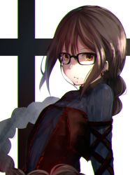 Rule 34 | 1girl, black-framed eyewear, blood, blood from mouth, blue dress, braid, breasts, brown dress, brown eyes, brown hair, chromatic aberration, closed mouth, collared dress, commentary request, dress, ear piercing, fate/grand order, fate (series), glasses, hair between eyes, highres, long hair, looking away, piercing, samescher, sidelocks, single braid, small breasts, solo, strapless, strapless dress, striped clothes, striped dress, vertical-striped clothes, vertical-striped dress, very long hair, yu mei-ren (fate), yu mei-ren (first ascension) (fate)