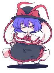 Rule 34 | 1girl, ;), black footwear, black skirt, bow, chahan (fried rice0614), closed mouth, collared shirt, frilled shawl, frills, full body, hat, hat bow, highres, looking at viewer, nagae iku, one-hour drawing challenge, one eye closed, purple hair, red bow, red eyes, shawl, shirt, short hair, skirt, smile, solo, standing, touhou, white shirt