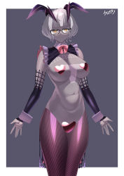 Rule 34 | 1girl, absurdres, animal ears, arms at sides, bare shoulders, blunt bangs, breasts, brown pantyhose, colored skin, covered erect nipples, detached sleeves, fake animal ears, fate/grand order, fate (series), glasses, gloves, grey background, grey hair, grey skin, heart maebari, heart pasties, highres, jacques de molay (foreigner) (fate), kurozawa yui, large breasts, looking at viewer, maebari, meme attire, nail polish, navel, pantyhose, pasties, pink pantyhose, rabbit ears, revealing clothes, reverse bunnysuit, reverse outfit, short hair, smile, solo, thighs, white gloves, wrist cuffs, yellow eyes